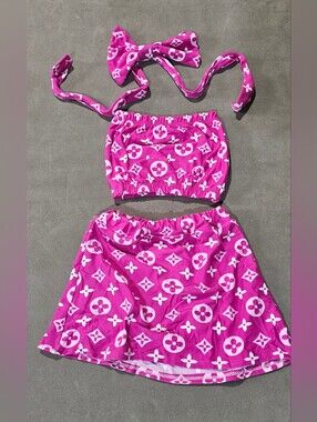 Kids Girl Pink 3-Piece Set - Tube & Skirt With Hairband - Size 12M - 24M